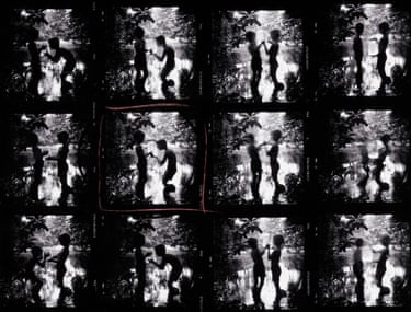 twelve black and white photo squares of two people