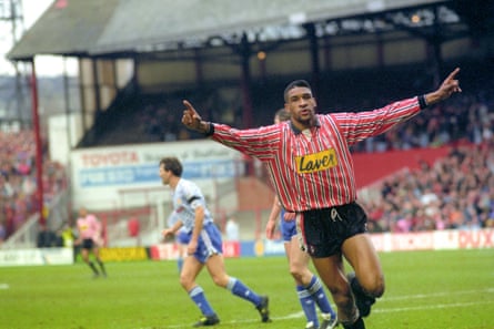 Brian Deane celebrates after scoring the first goal in the Premier League, against Manchester United at Bramall Lane.