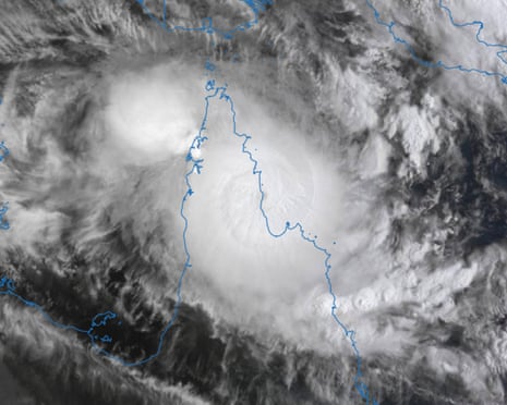 Satellite photo of Severe Tropical Cyclone Narelle crossing the Cape York coastline.