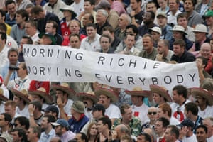 Cricket fans hold a Richie Benaud banner at the Brit Oval in London on 11 September 2005, mimicking the opening words his so often used to greet viewers.