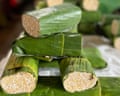 Tempeh wrapped in banana leaves.