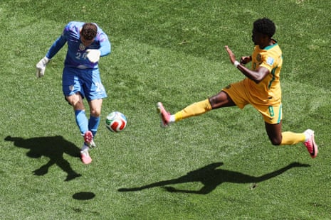 Mohamed Toure attempts tp block a clearance by Matt Freese.