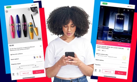 A woman using a smartphone with fake products displayed on TikTok on either side