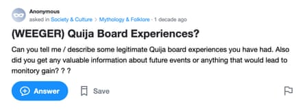 A screengrab from a Yahoo! Answers page asking: Quija Board Experiences?
