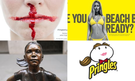 Good ads and bad, clockwise from top left: National Centre For Domestic Violence campaign 2018, Protein World 2015, Creative Equals’ gender-reversed Pringles logo and New York’s Fearless Girl statue in New York which some say ‘infantilises’ the fight for female equality.