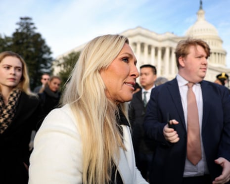 Marjorie Taylor Greene takes part in a news conference on the Epstein Files Transparency Act outside the US Capitol, on 18 November 2025.