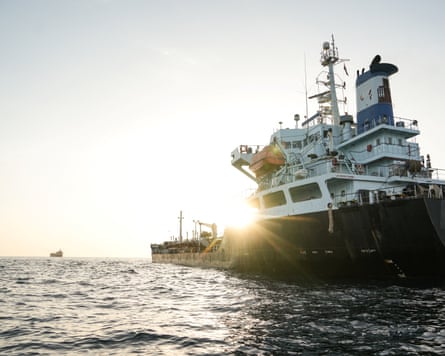 A commercial vessel anchored off Yemen's coast at Bab al-Mandab, the straits connecting the Red Sea with the Gulf of Aden and the Indian Ocean.