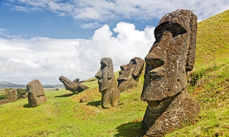 Moais in Rapa Nui national park on the slopes of Rano Raruku volcano on Easter Island.