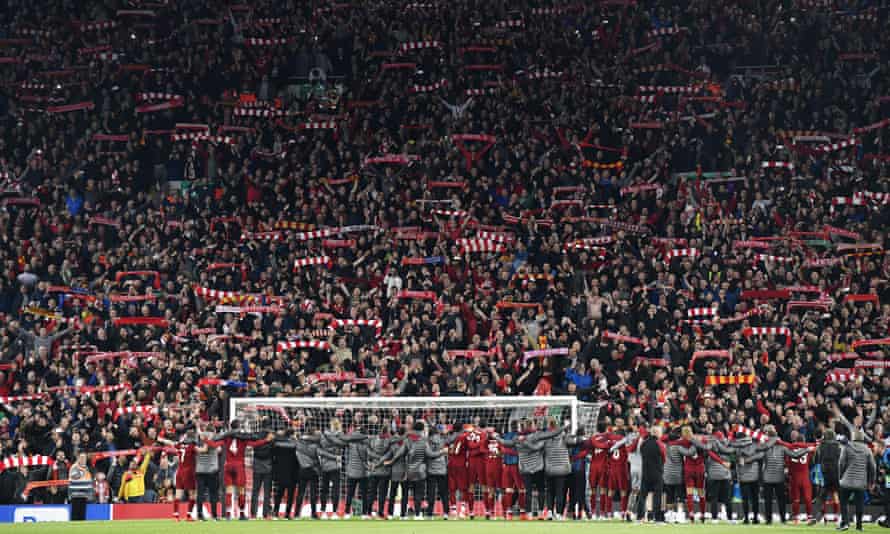 Liverpool players, staff and fans celebrate after their victory over Barcelona in May 2019.