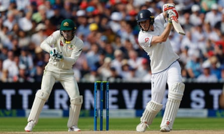 Zak Crawley plays a cover drive on his way to a brilliant 189 off 182 balls, on day two of fourth Test at Old Trafford.