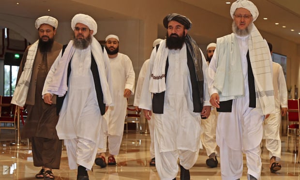 The Taliban delegation in talks with the Afghan government in Doha on 12 August