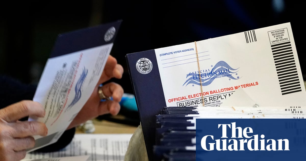 Trump stares at a mail-in ballot like it’s a personal insult, while a judge in the background quietly holds up a copy of the Constitution labeled “still binding, sorry.”