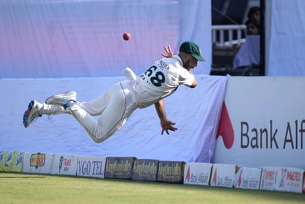 Pakistan’s Sajid Khan makes a spectacular attempt to take a catch off England’s Jamie Smith on the boundary edge