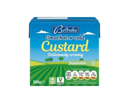 A Belbake Custard carton stands against a plain white background, decorated with a green farmland scene