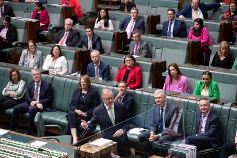 The Prime Minister Anthony Albanese in the house of representatives chamber of Parliament House, Canberra this morning as the Fair Work Legislatrion Amendment (secure jobs, better pay) Bill 2022 returns from the senate.