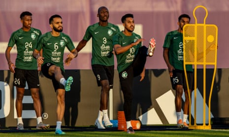 Saudi Arabia prepare at their Sealine beach resort training camp for Saturday’s match against Poland