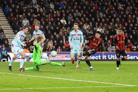 Evanilson of Bournemouth second half goal is ruled offside after a VAR check against Brentford.