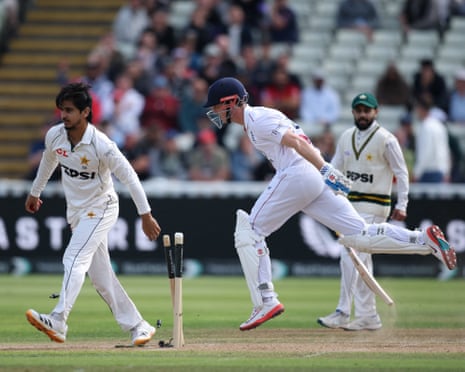 England’s Harry Brook is ran out by Pakistan’s Saim Ayub.