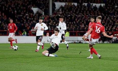 Sam Surridge of Nottingham Forest fires home but has his goal disallowed for offside.