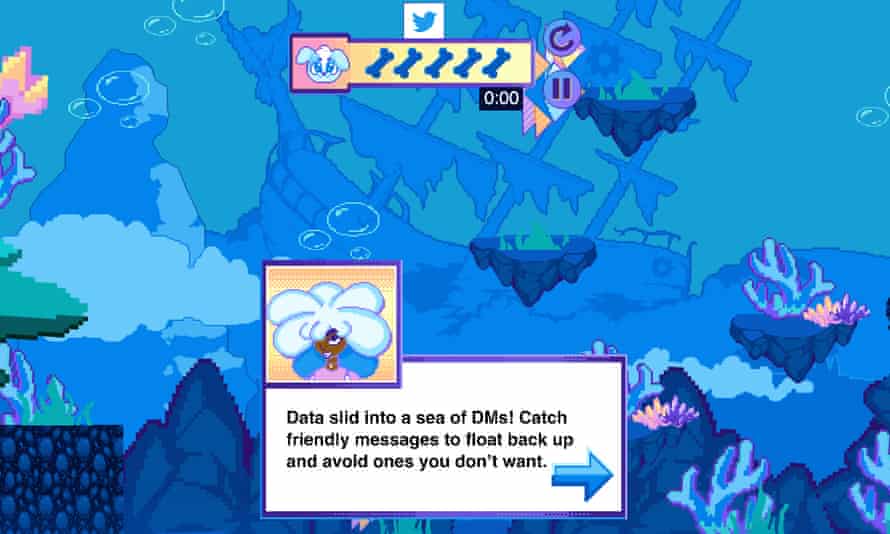 game image shows underwater scene with sunken ship and a message that says ‘Data slid into a sea of DMs! Catch friendly messages to float back up and avoid ones you don’t want.’
