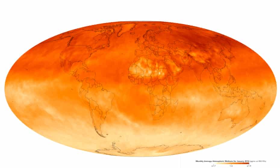 Map showing global methane concentrations in January 2016 at a pressure of 400 hectopascals, or roughly 6km above the surface