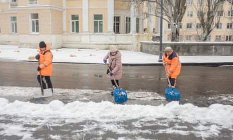 Department of Urban Economy clean the roads and sidewalks from snow, in Odessa, Ukraine on January 29, 2023. (Photo by Gian Marco Benedetto/Anadolu Agency via Getty Images)