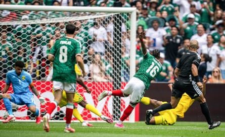 Julian Quinones scores Mexico’s first goal against South Africa.
