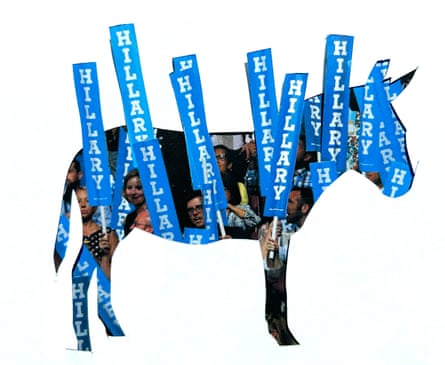cutout of a donkey with a crowd behind and blue banners reading ‘hillary’