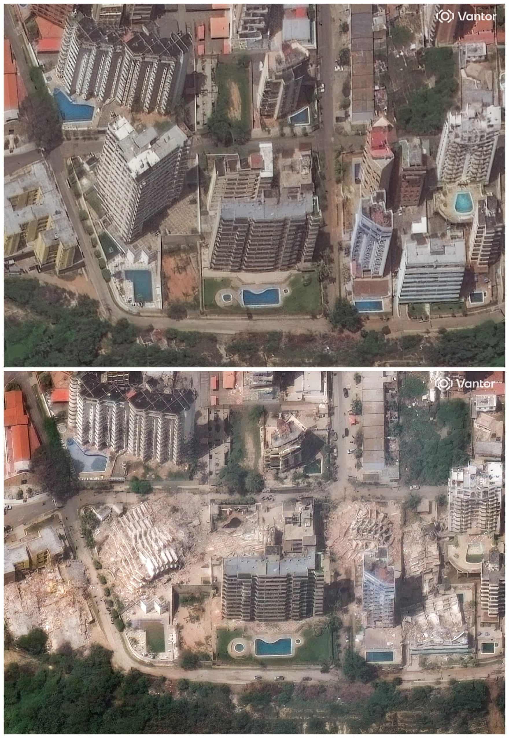 Satellite image above shows buildings,some hi-rise, standing. In the lower image,many have collapsed