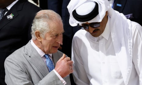 King Charles talks with emir of Qatar, Sheikh Tamim bin Hamad al-Thani.