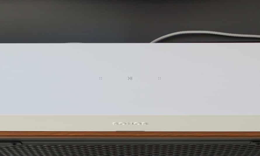 The top of the Sonos Ray showing touch-sensitive buttons for control of playback and volume.