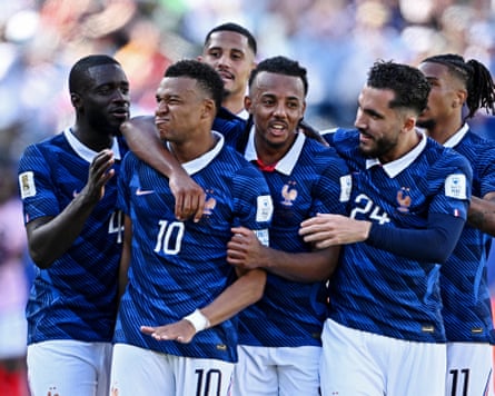 France’s Kylian Mbappe celebrates scoring their third goal with Dayot Upamecano, Jules Kounde, Rayan Cherki, William Saliba and Michael Olise