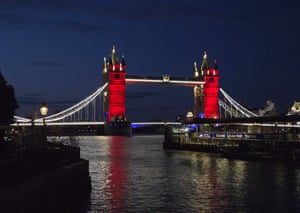 Tower Bridge in London lit up red, white and blue after England won the women’s football Euro 2025