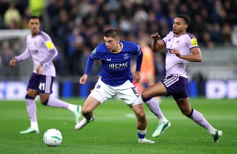 Vitaliy Mykolenko is challenged by Jacob Murphy.