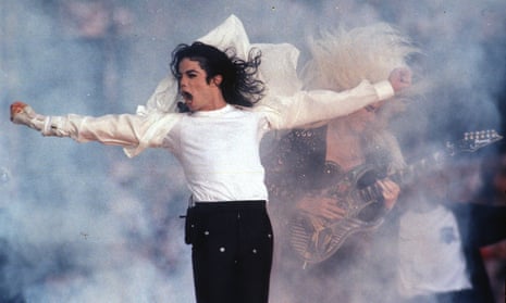 Michael Jackson performs during the halftime show at the Super Bowl in Pasadena, California in 1993.