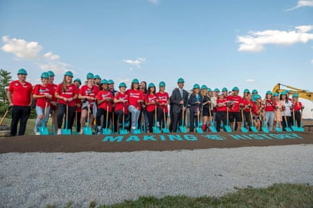 KC Current team members pose for a photo during the groundbreaking ceremony at Berkley Riverfront on 6 October 2022.