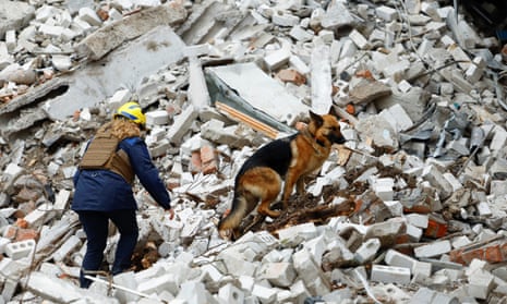 A rescuer works with a dog at the site of a destroyed building during a Russian missile strike.