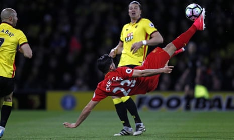 Emre Can scores Liverpool’s goal with an overhead kick just before half-time which was enough to beat Watford.