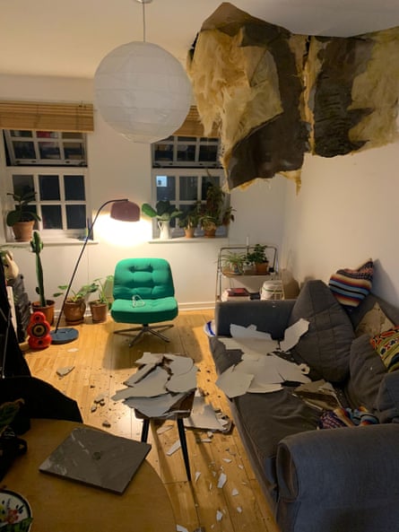 The collapsed ceiling of a leasehold flat in Pickering Close, Hackney