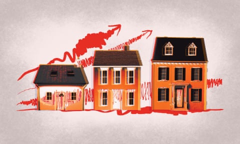 Illustration of three houses with red arrows pointing upwards