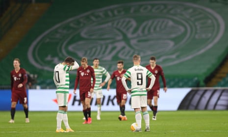 Celtic’s Leigh Griffiths and Albian Ajeti look dejected after Sparta Prague score their fourth goal.