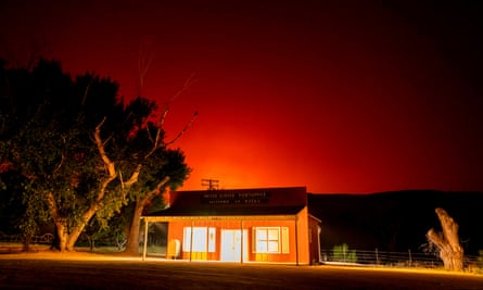 The Bobcat fire burns above the Valyermo, California, post office on Thursday.