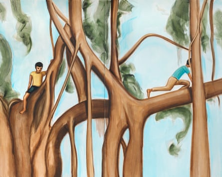 A painting of two boys climbing on large trees