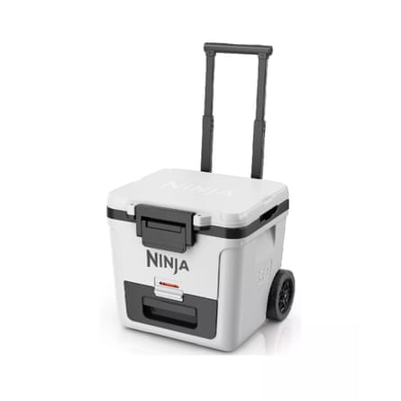 A white and grey NINJA FrostVault wheeled cooler with a retractable handle.