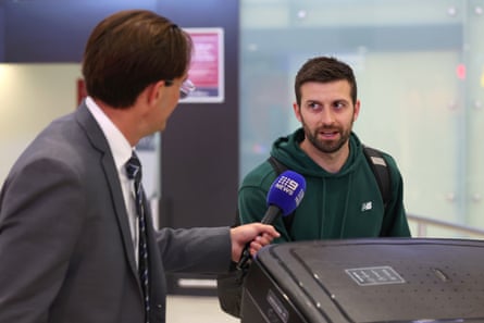 Mark Wood interviewed on arrival at the airport in Perth.
