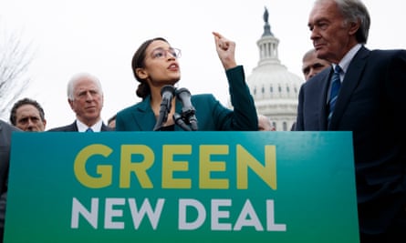 Biden has shied away from the term Green New Deal, promoted by Alexandria Ocasio-Cortez, centre, and Senator Ed Markey, right, but has embraced a bold agenda.