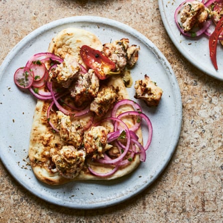 Creamy chicken skewers with green chilli and coriander – murgh malai tikka.