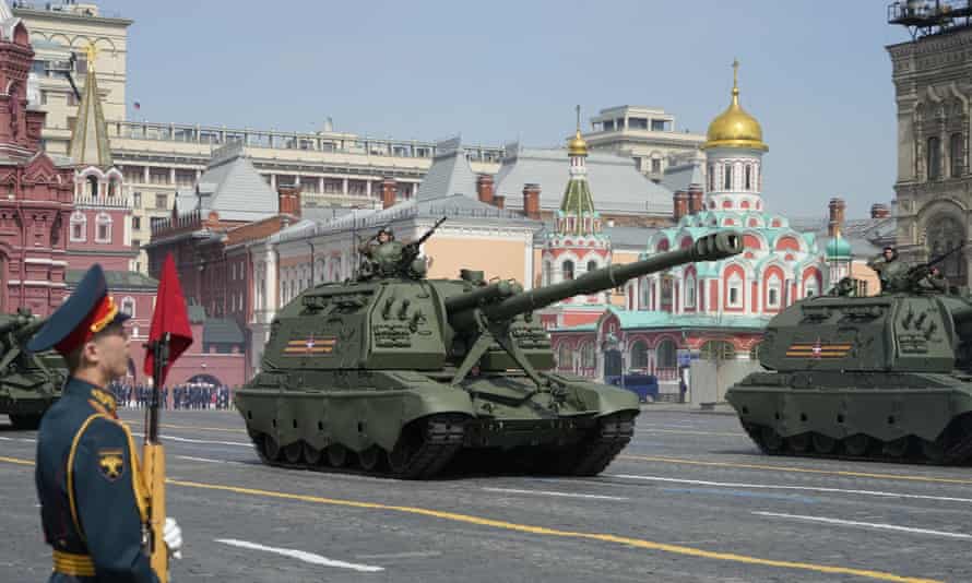 Russian self-propelled artillery vehicles roll during a dress rehearsal for the Victory Day military parade in Moscow.