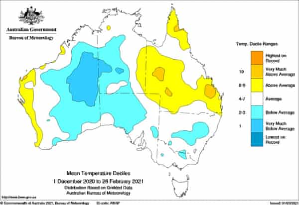 Average daily temperatures across Australia for summer 2020-2021.