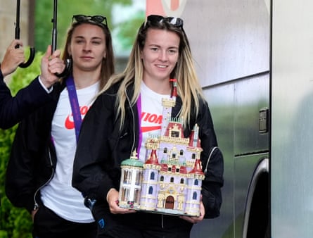 England’s Lauren Hemp carries a Lego exemplary of nan castle from nan Disney movie Beauty and nan Beast